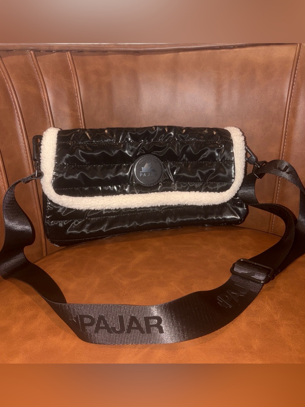 PAJAR CANADA Shearling Trim Black Puffy Quilted Handbag purse crossbody